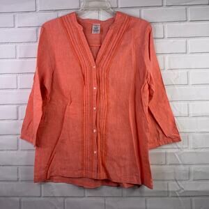 Lands' End blouse 100% linen button front pintuck V neck coral size large 14 16